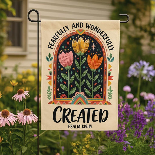 Christian Garden Flag, Fearfully and Wonderfully Created Psalm 139:14, Bible Verse Yard Decor, Inspirational Outdoor Banner, Religious Gift