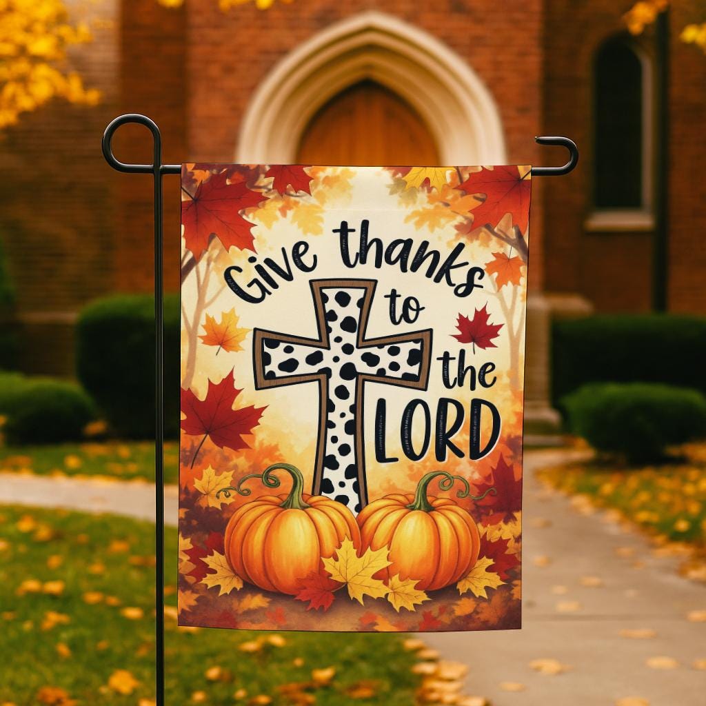Religious Garden Flag, Give Thanks to the Lord Outdoor Fall Decor, Christian Pumpkin Yard Sign, Autumn Faith Porch Banner Gift for Family