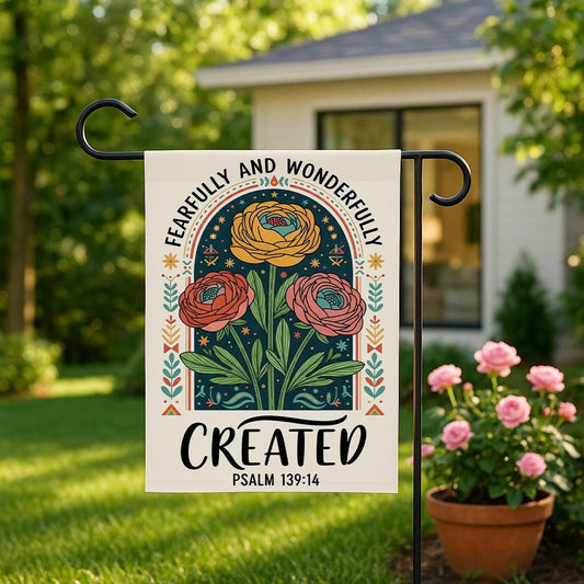 Christian Garden Flag, Fearfully and Wonderfully Created Psalm 139:14, Bible Verse Yard Decor, Inspirational Outdoor Banner, Religious Gift