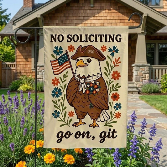 No Soliciting Garden Flag, Funny Patriotic Eagle Yard Flag, Americana Outdoor Decor, Country Farmhouse Porch Lawn Banner, Gift for Home