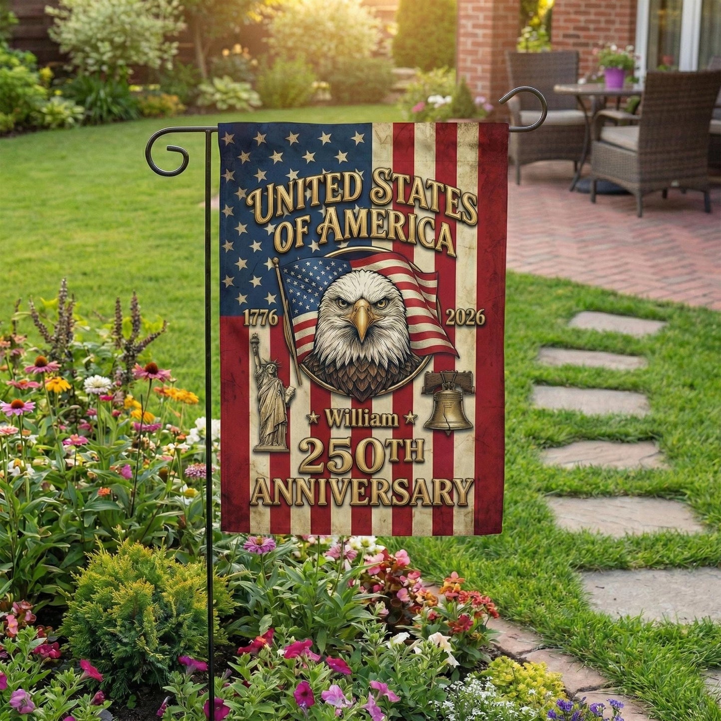 United States Garden Flag, 250th Anniversary Patriotic Decor, Personalized Name Yard Flag, American Eagle USA Flag Art, 1776–2026 Gift