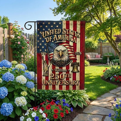 United States Garden Flag, 250th Anniversary Patriotic Decor, Personalized Name Yard Flag, American Eagle USA Flag Art, 1776–2026 Gift