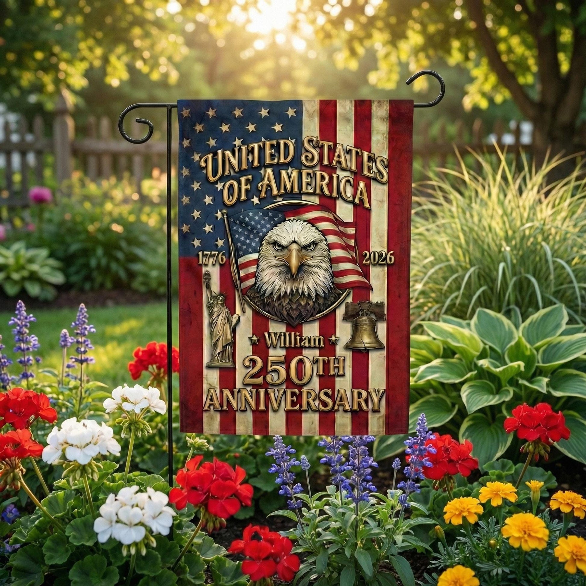 United States Garden Flag, 250th Anniversary Patriotic Decor, Personalized Name Yard Flag, American Eagle USA Flag Art, 1776–2026 Gift