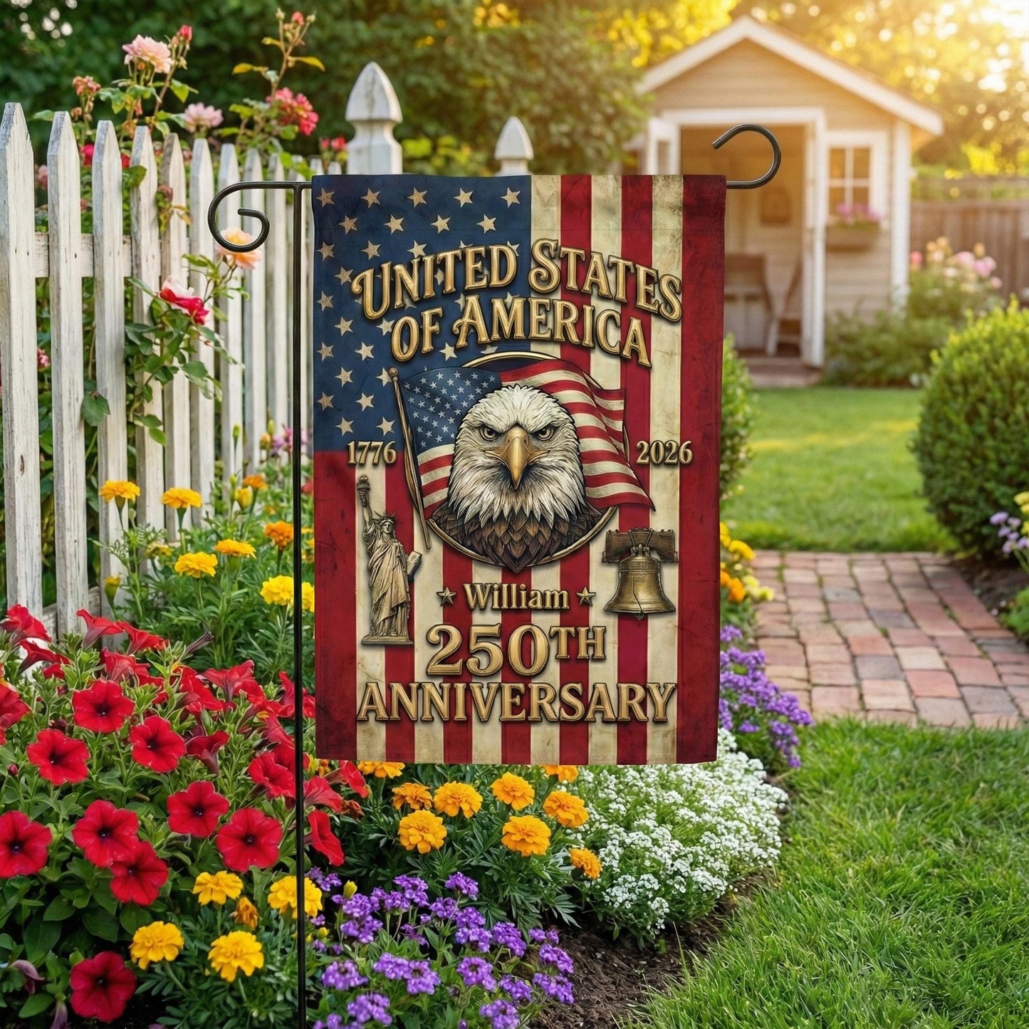 United States Garden Flag, 250th Anniversary Patriotic Decor, Personalized Name Yard Flag, American Eagle USA Flag Art, 1776–2026 Gift
