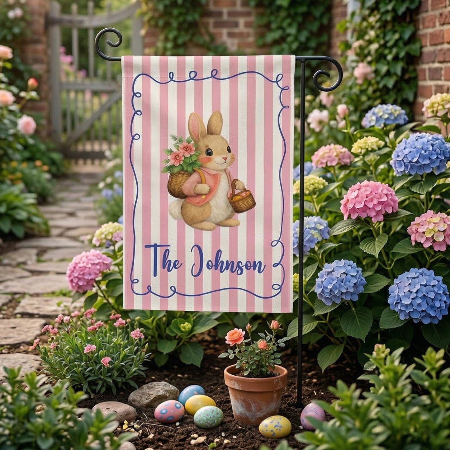 Personalized Easter Bunny Garden Flag, Custom Family Name Spring Yard Decor, Pink Striped Bunny Flag, Outdoor Easter Decoration Gift