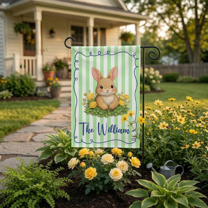 Personalized Easter Bunny Garden Flag, Custom Family Name Spring Yard Decor, Pink Striped Bunny Flag, Outdoor Easter Decoration Gift