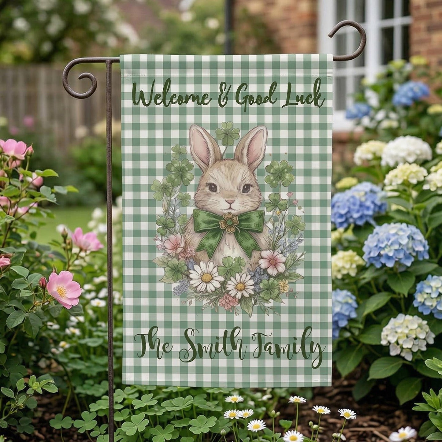 Personalized Bunny Garden Flag, Custom Family Name Spring Yard Decor, Clover Rabbit Welcome Flag, St. Patrick's Day Outdoor Decoration