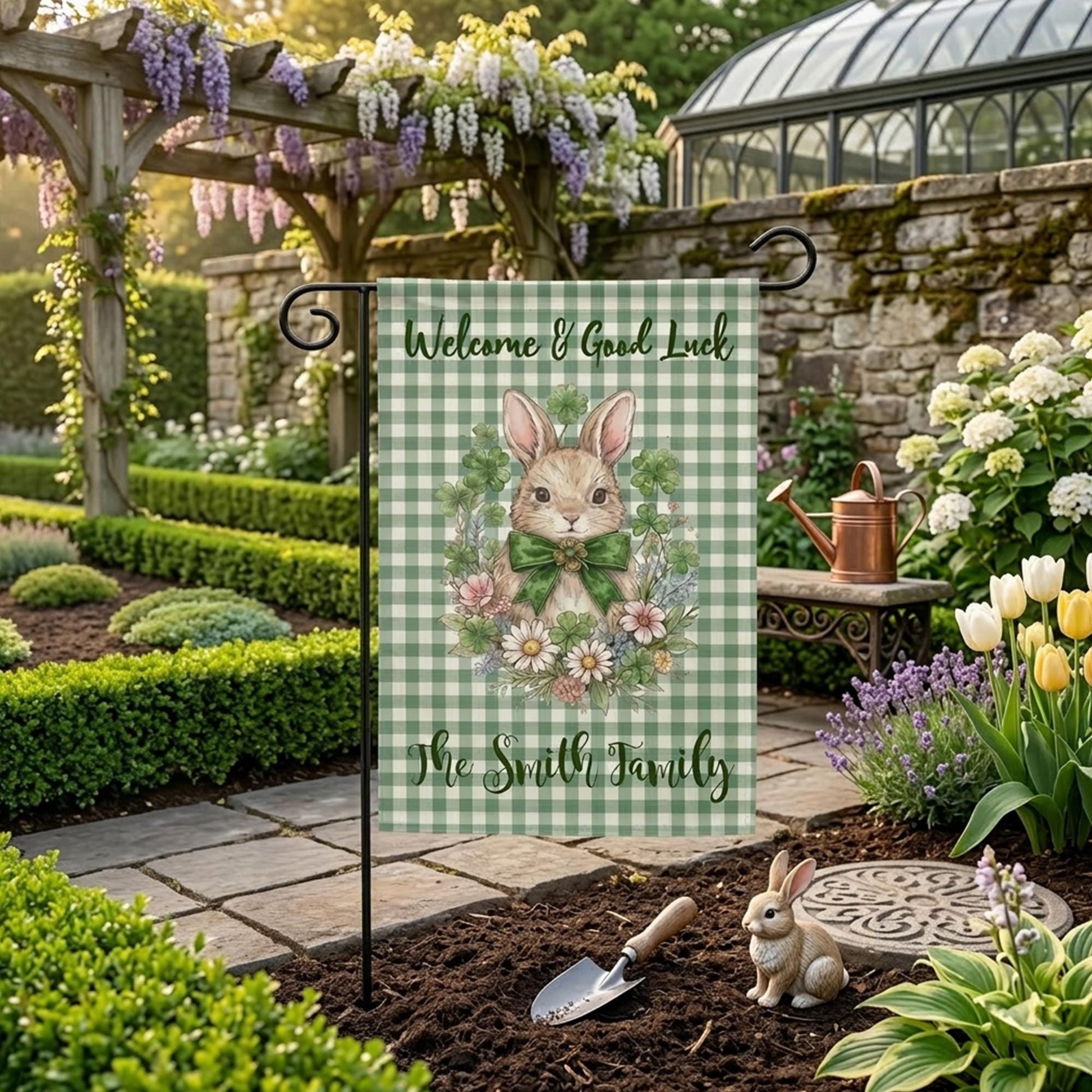 Personalized Bunny Garden Flag, Custom Family Name Spring Yard Decor, Clover Rabbit Welcome Flag, St. Patrick's Day Outdoor Decoration