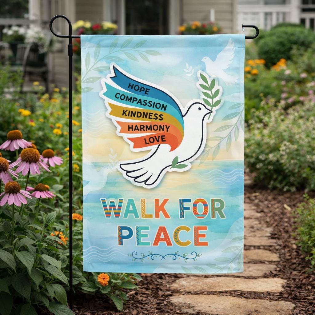 Walk for Peace Garden Flag, Rainbow Dove Hope Compassion Kindness Harmony Love Yard Decor, Motivational Art, Inspirational Outdoor Banner