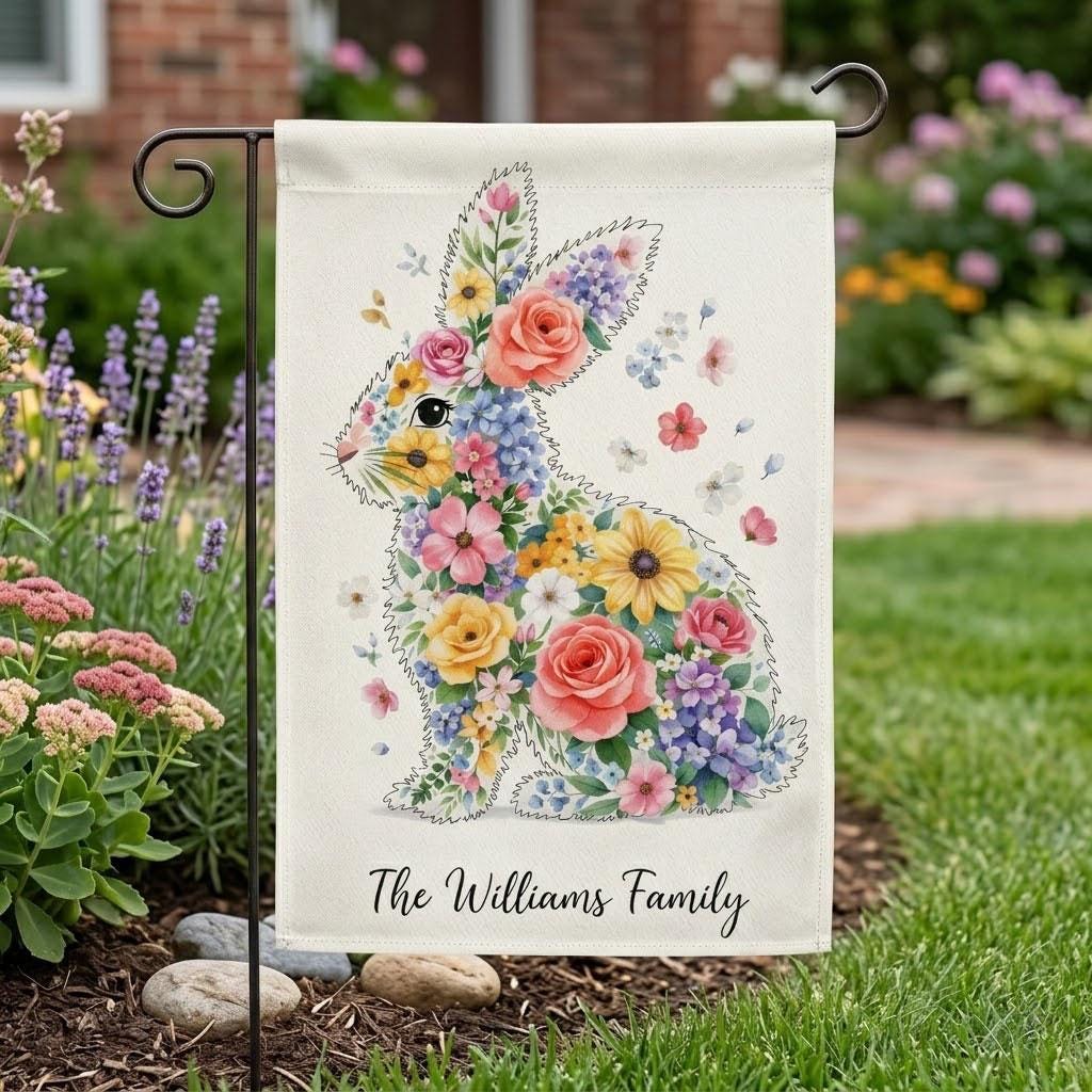 Personalized Easter Bunny Garden Flag, Custom Family Name Floral Rabbit Yard Decor, Spring Outdoor Banner, Easter Gift Home Decor
