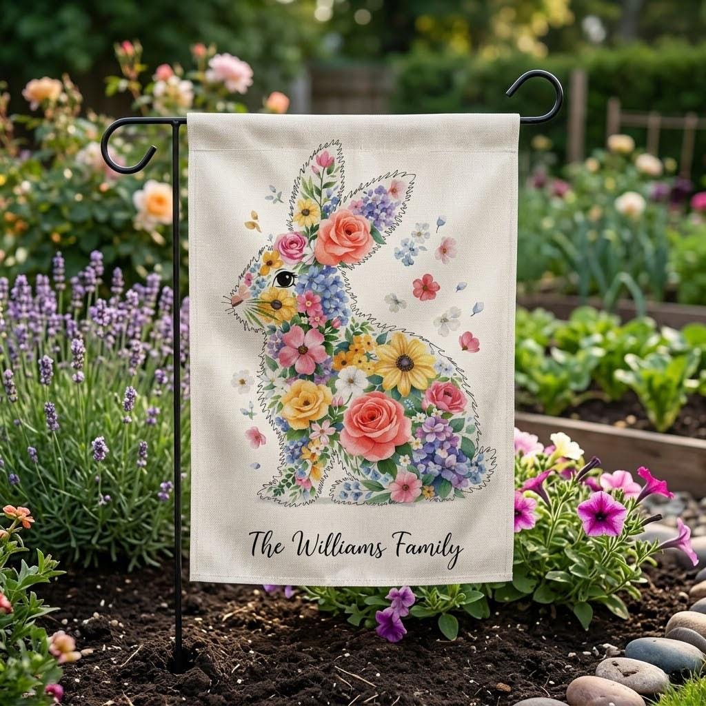 Personalized Easter Bunny Garden Flag, Custom Family Name Floral Rabbit Yard Decor, Spring Outdoor Banner, Easter Gift Home Decor