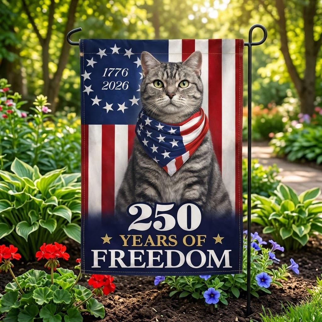 Patriotic Cat Garden Flag 250 Years of Freedom, American Flag Cat Decor 1776–2026, Usa Pride Gift, 4th of July Yard Flag USA Independence