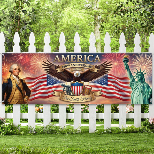 Patriotic 250th Anniversary Banner, Personalized America Flag Decor, 1776-2026 USA Eagle Fireworks Sign, Custom Family Name Yard Decor