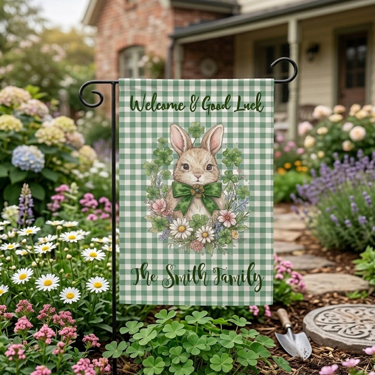 Personalized Bunny Garden Flag, Custom Family Name Spring Yard Decor, Clover Rabbit Welcome Flag, St. Patrick's Day Outdoor Decoration