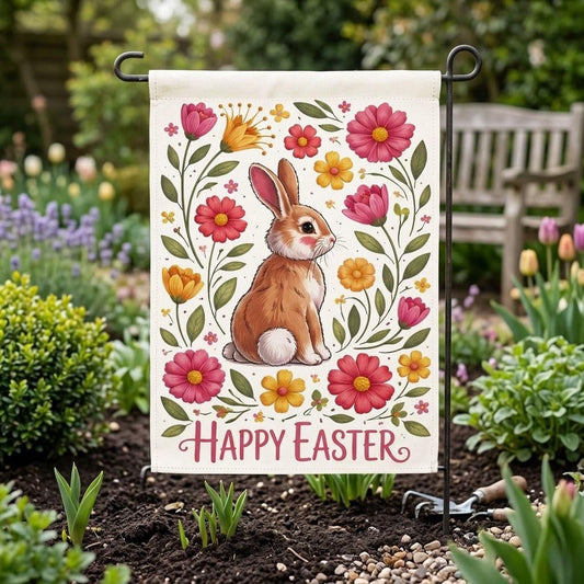 Easter Bunny Garden Flag, Happy Easter Floral Yard Flag, Spring Rabbit Outdoor Decor, Cute Cottage Garden Banner, Easter Gift