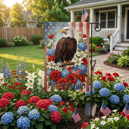 Personalized Patriotic Garden Flag, Bald Eagle American Flag Yard Decor, Patriotic Decor Custom Family Name Outdoor Banner, 4th of July Gift