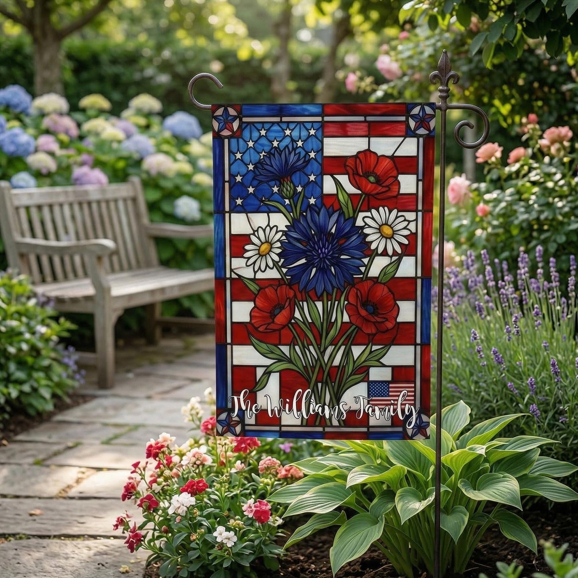 PERSONALIZED Patriotic Garden Flag, Stained Glass USA Floral Flag, Custom Family Name Outdoor Decor,Summer Garden, 4th of July Yard Gift