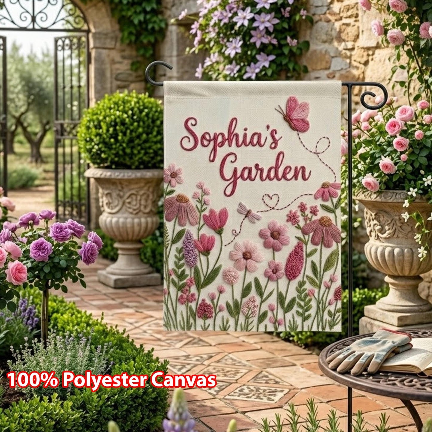 Personalized Garden Flag, Custom Floral Yard Decor, Sophia's Garden Flag, Pink Wildflower Butterfly Porch Sign, Housewarming Gift for Her