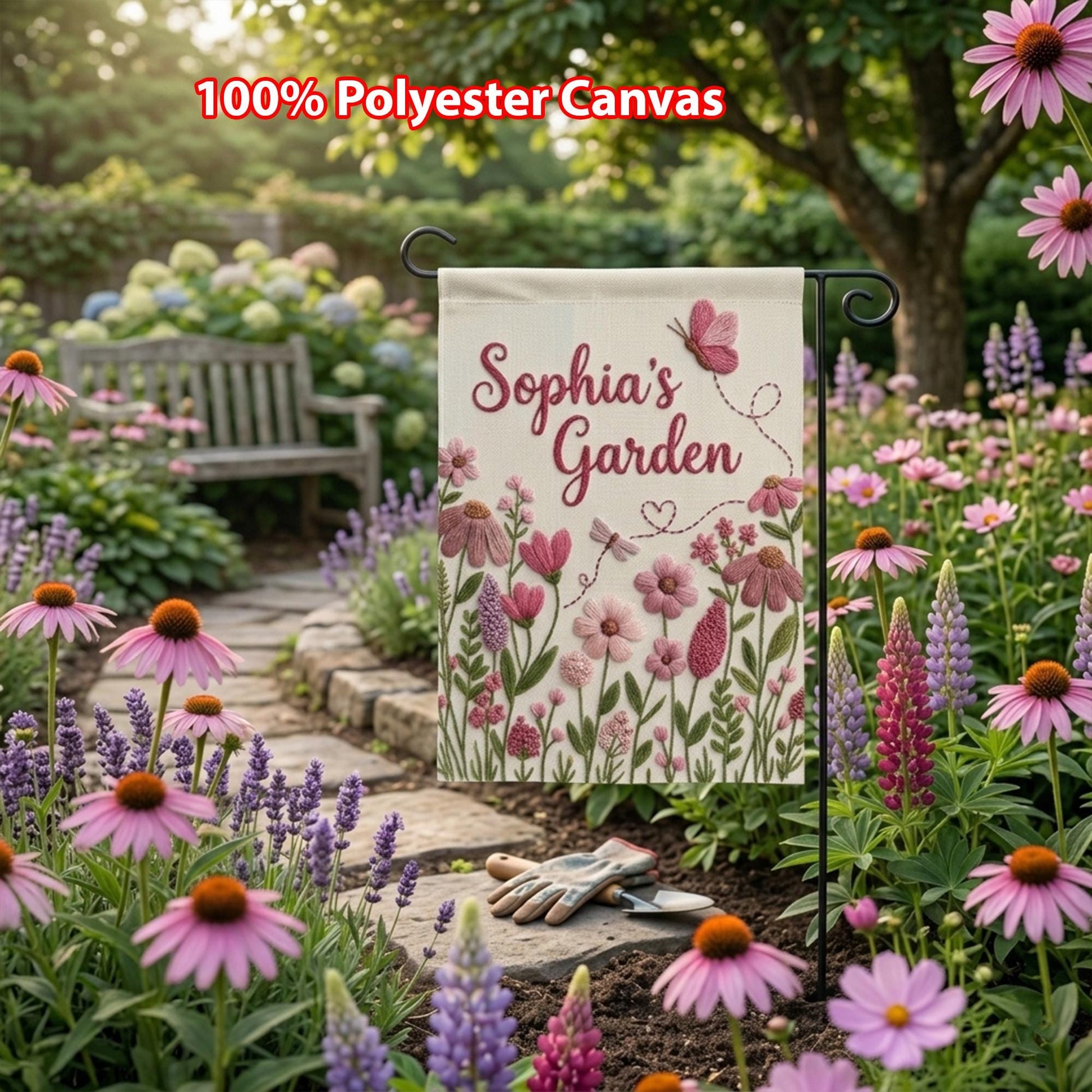 Personalized Garden Flag, Custom Floral Yard Decor, Sophia's Garden Flag, Pink Wildflower Butterfly Porch Sign, Housewarming Gift for Her