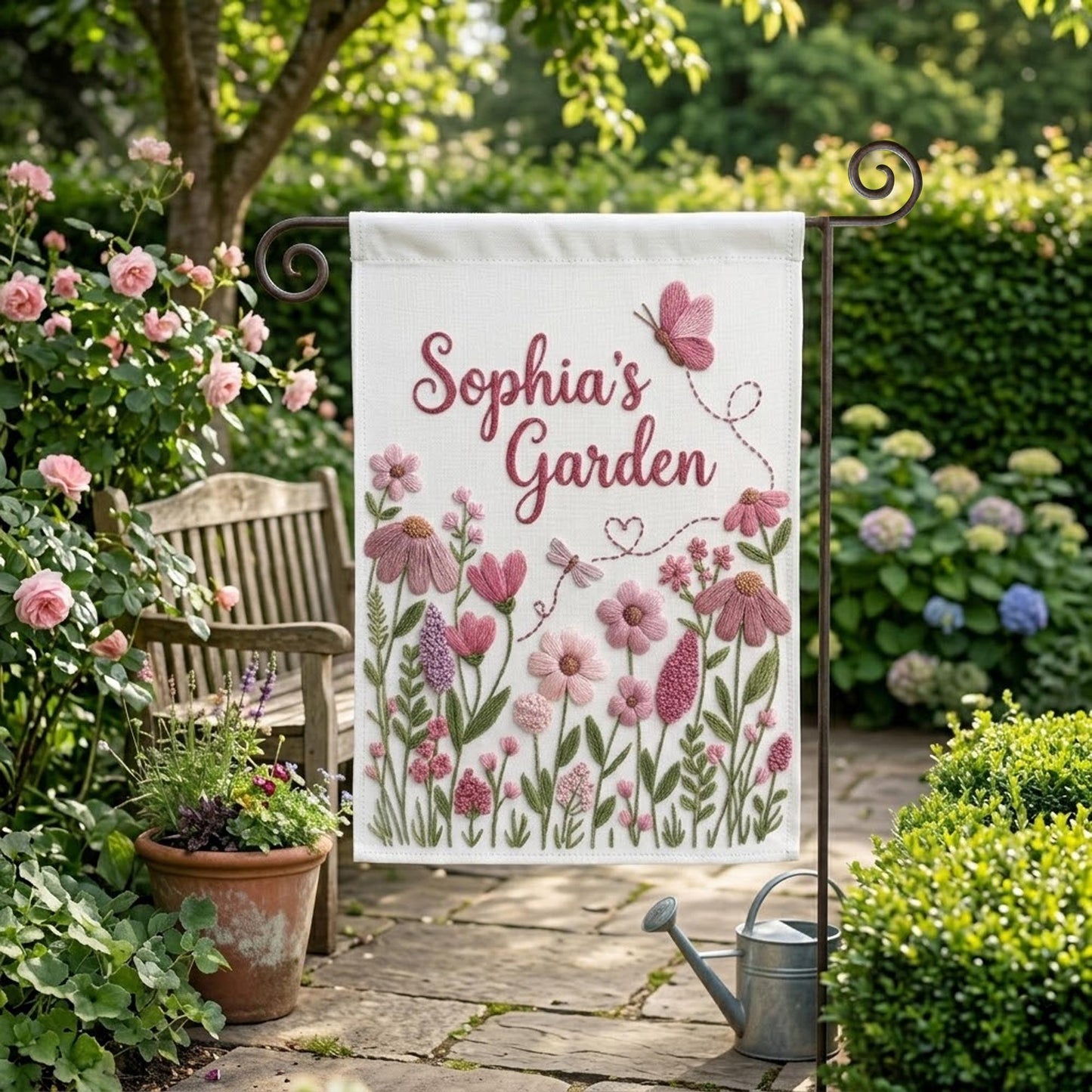 Personalized Garden Flag, Custom Floral Yard Decor, Sophia's Garden Flag, Pink Wildflower Butterfly Porch Sign, Housewarming Gift for Her