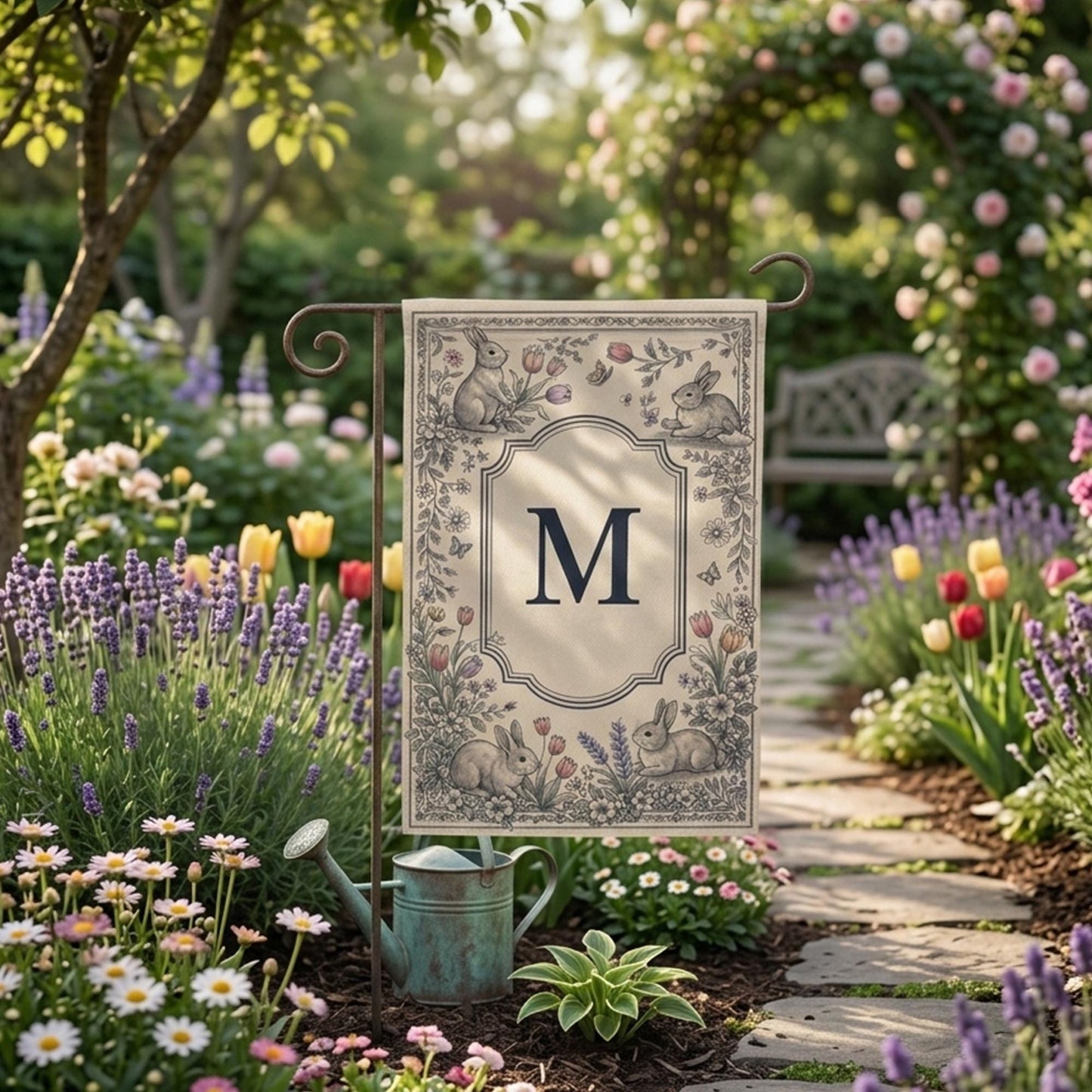 Personalized Easter Garden Flag, Bunny Floral Monogram Flag, Spring Yard Decor, Custom Initial Outdoor Flag, Cute Rabbit Tulip Decor Gift