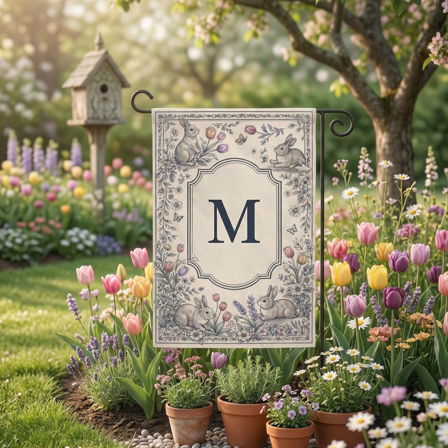 Personalized Easter Garden Flag, Bunny Floral Monogram Flag, Spring Yard Decor, Custom Initial Outdoor Flag, Cute Rabbit Tulip Decor Gift