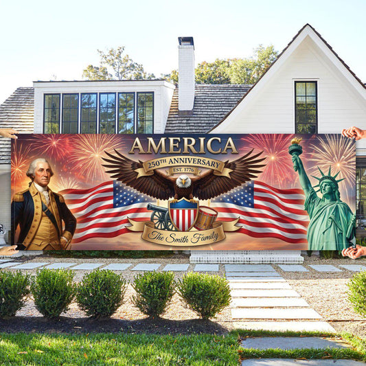 Patriotic 250th Anniversary Banner, Personalized America Flag Decor, 1776-2026 USA Eagle Fireworks Sign, Custom Family Name Yard Decor