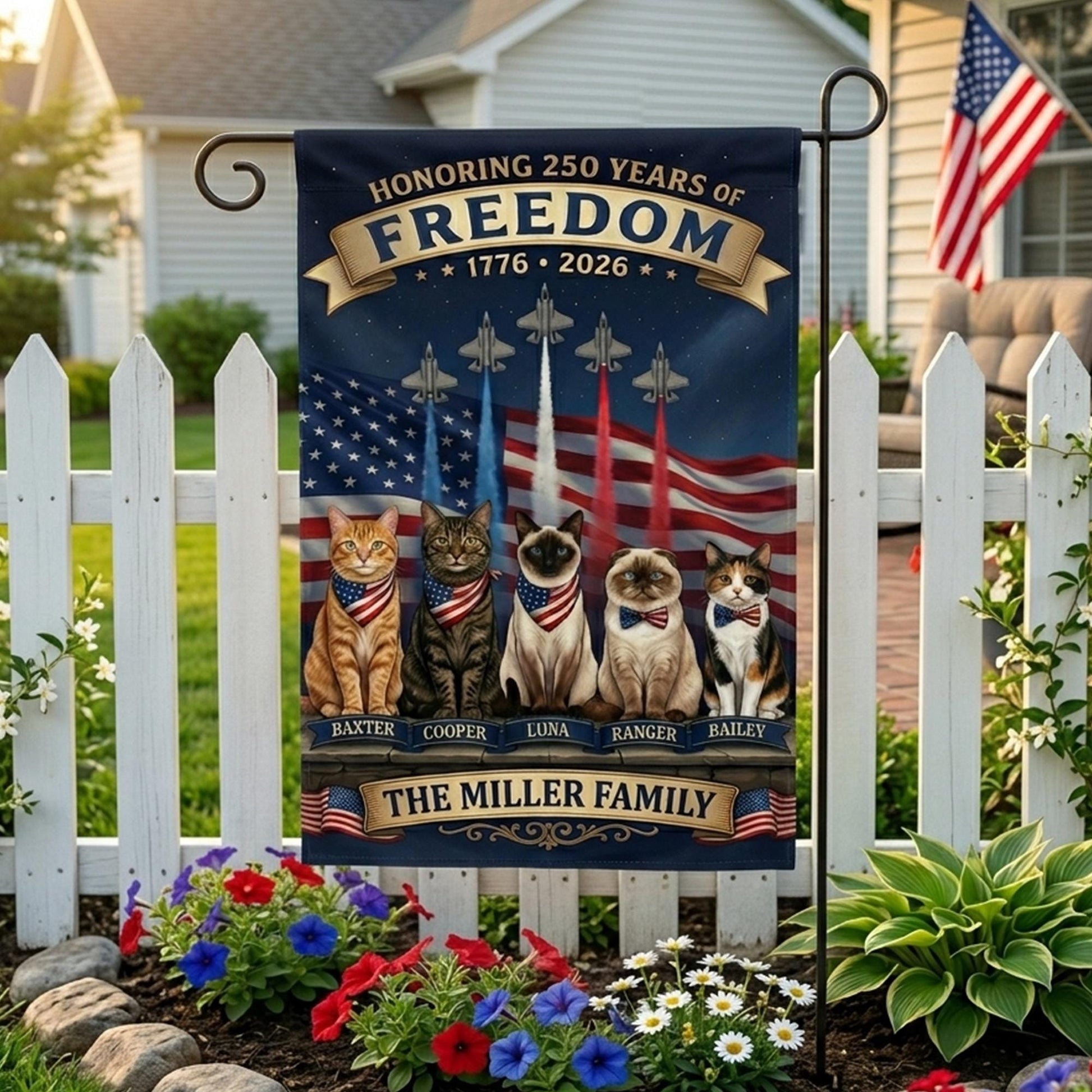 Personalized Patriotic Cat Garden Flag, Honoring 250 Years of Freedom 1776–2026, Custom Family Name USA Yard Decor, 4th July Gift