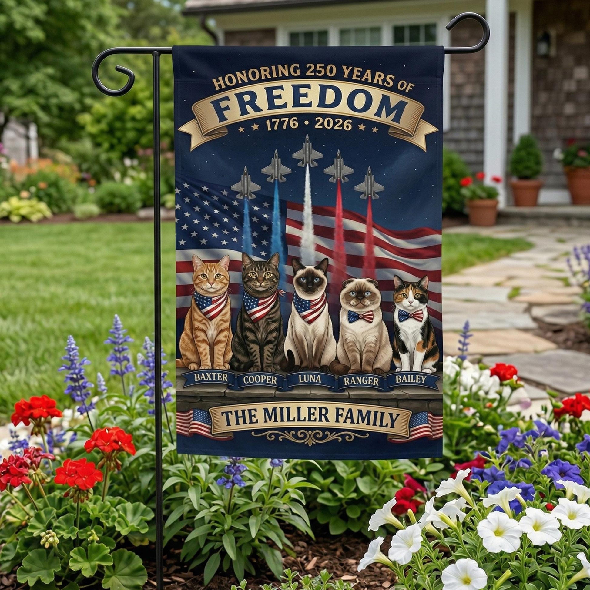 Personalized Patriotic Cat Garden Flag, Honoring 250 Years of Freedom 1776–2026, Custom Family Name USA Yard Decor, 4th July Gift