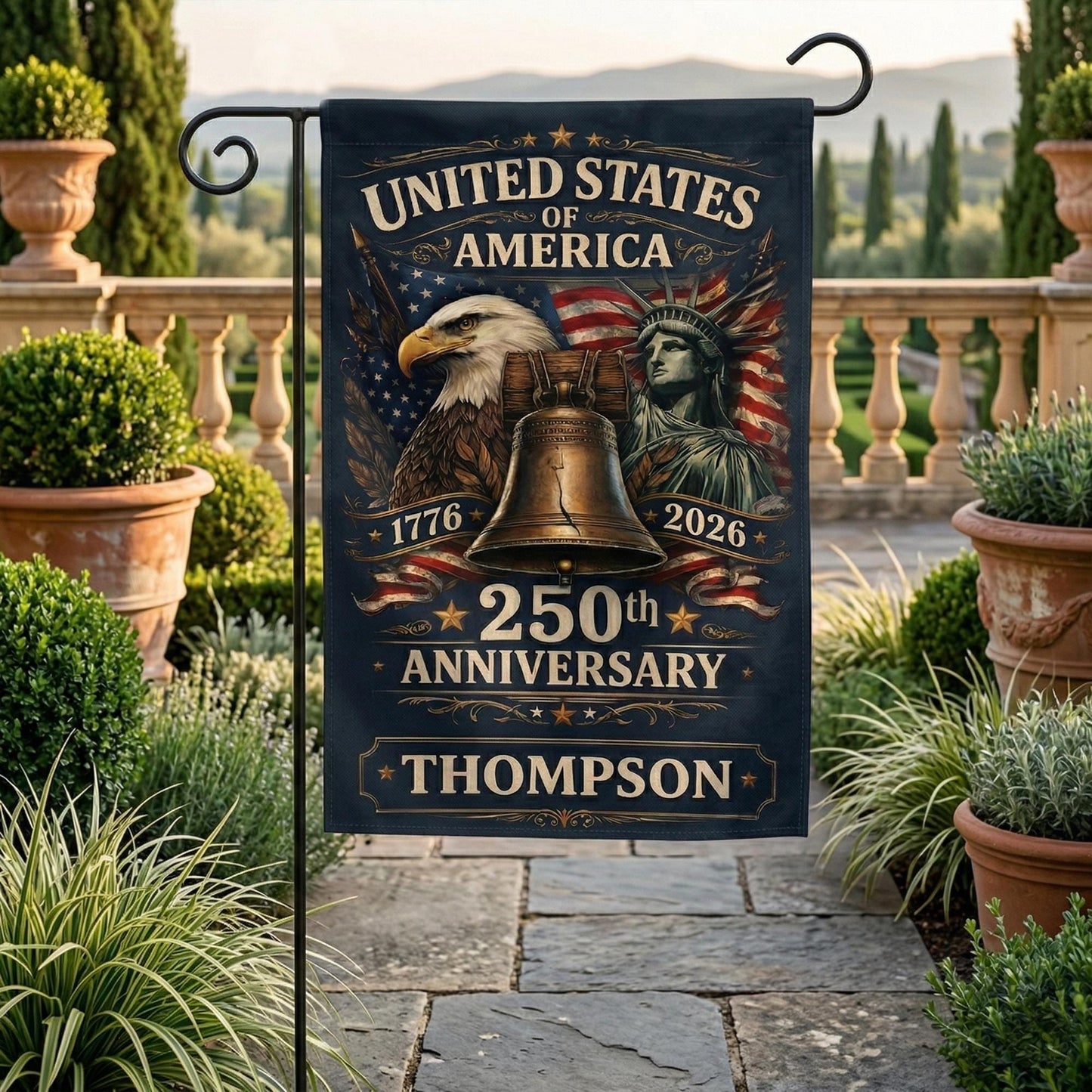 Personalized Patriotic Garden Flag 250th Independence Day Decor, Custom Family Name USA Flag, Outdoor Flag 1776–2026 Anniversary Yard Banner