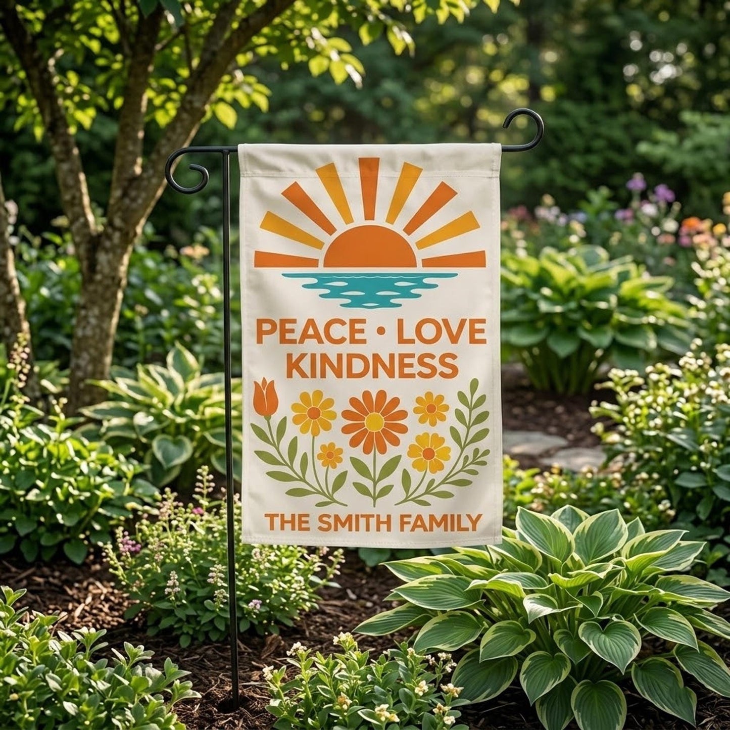 Personalized Garden Flag, Peace Love Kindness Decor, Retro Floral Family Banner, Custom Yard Flag, Boho Outdoor Porch Decor, New Home Gift