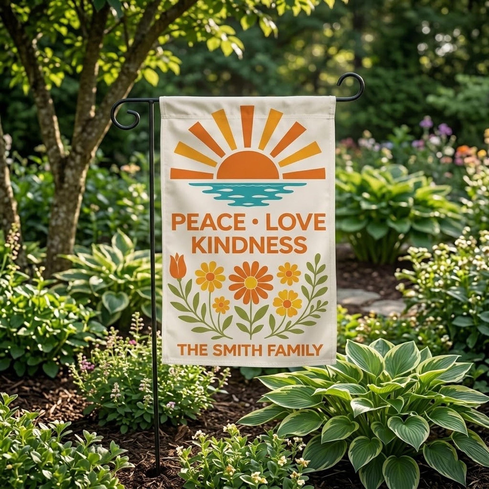 Personalized Garden Flag, Peace Love Kindness Decor, Retro Floral Family Banner, Custom Yard Flag, Boho Outdoor Porch Decor, New Home Gift