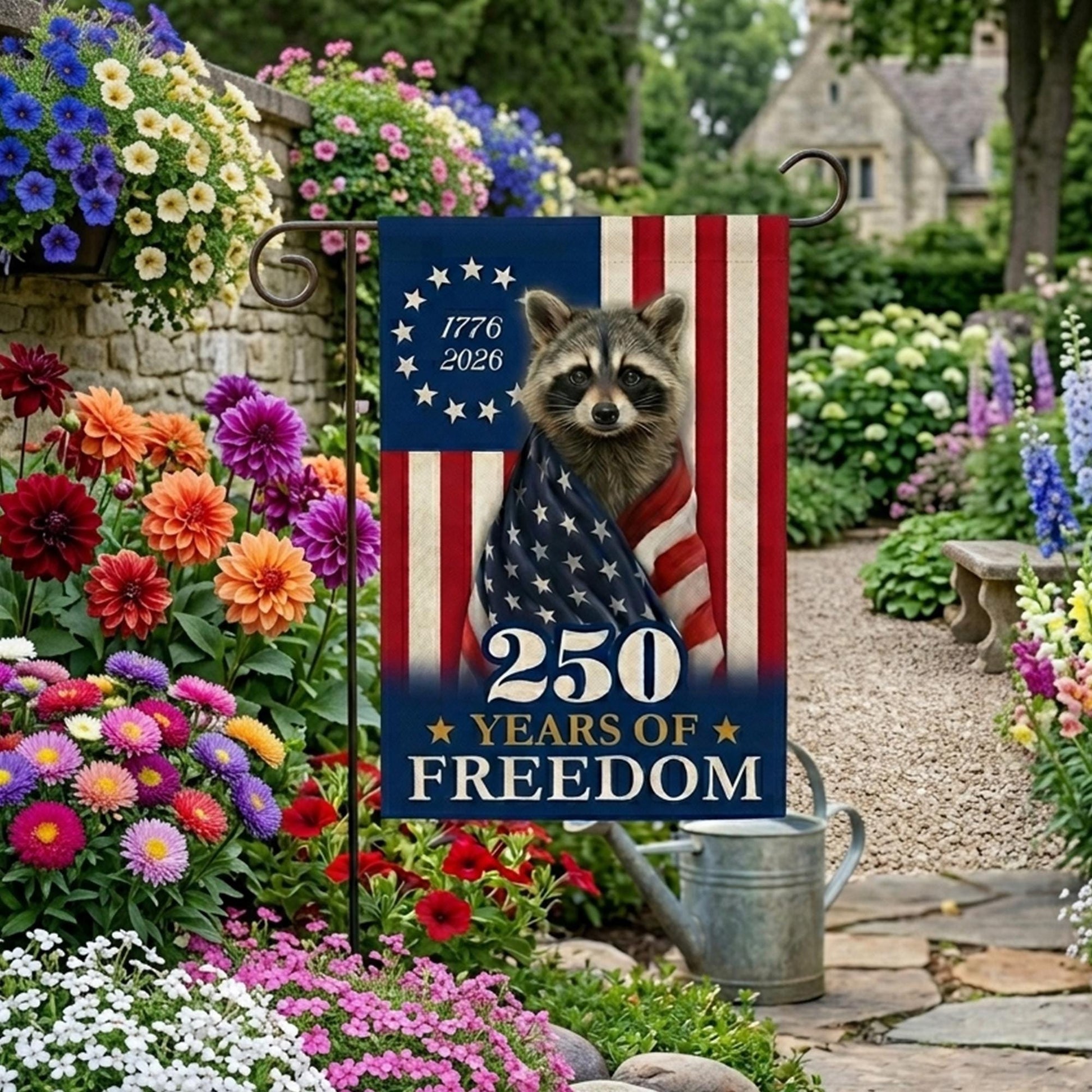 Patriotic Garden Flag, 250 Years of Freedom, Raccoon Yard Decor, 1776 2026 America Flag, Fourth of July Outdoor Sign, Yard Summer Decor Gift