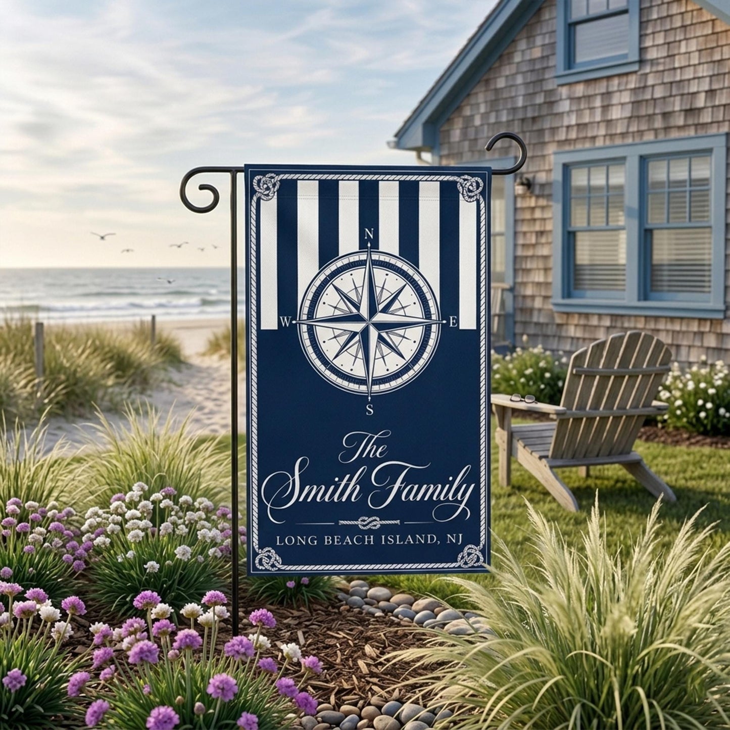 Personalized Coastal Garden Flag, Nautical Family Name Sign, Beach House Yard Decor, Compass Rose Porch Flag, Housewarming Gift, Home Decor