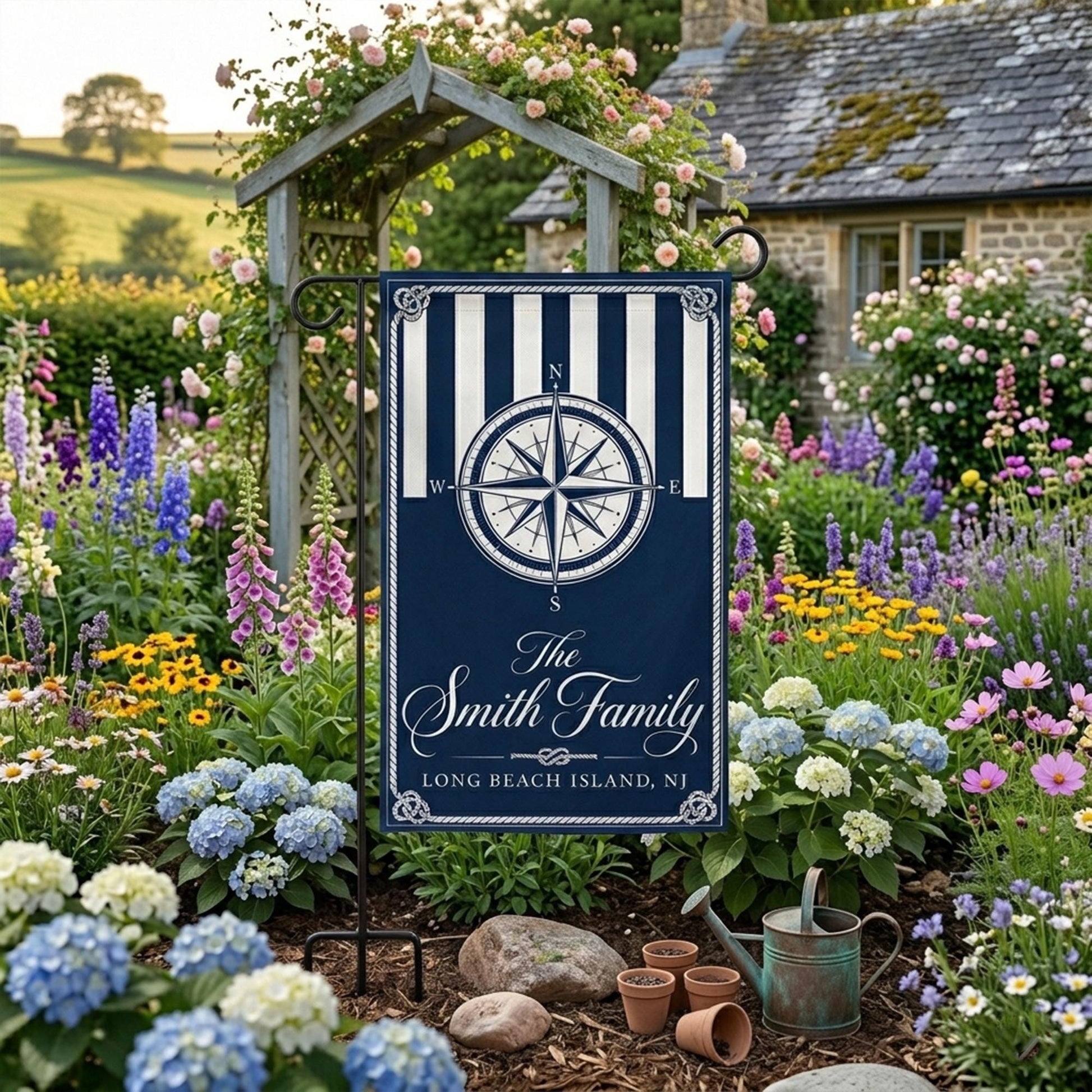 Personalized Coastal Garden Flag, Nautical Family Name Sign, Beach House Yard Decor, Compass Rose Porch Flag, Housewarming Gift, Home Decor