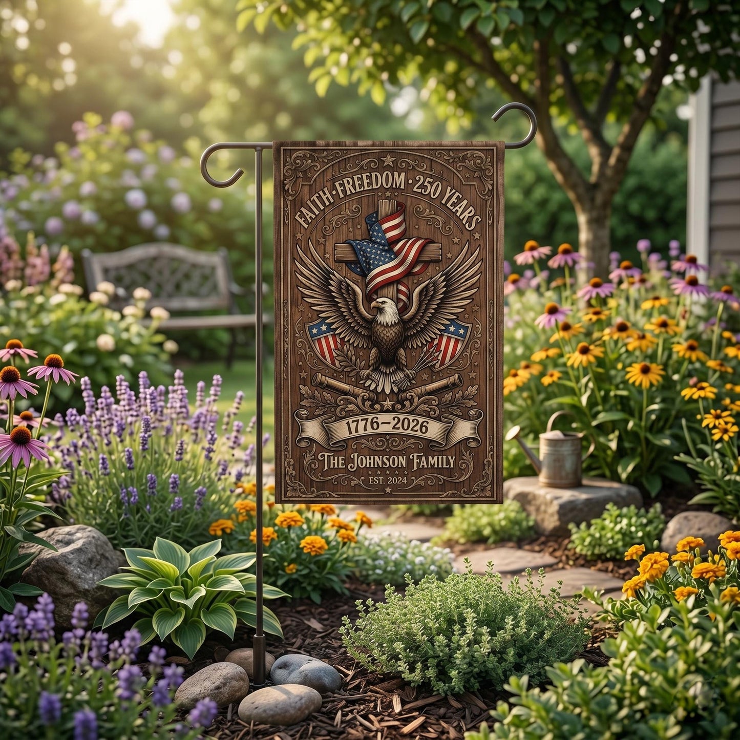 Personalized Garden Flag, Patriotic Christian Decor, Faith Freedom 250 Years, Family Name, Eagle Cross American Flag, 1776 2026 Yard Sign