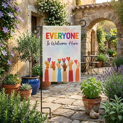 Pride Garden Flag, Everyone Is Welcome Here, LGBT Yard Decor, Rainbow Outdoor Flag, Inclusive Porch Sign, Housewarming Gift for Friends