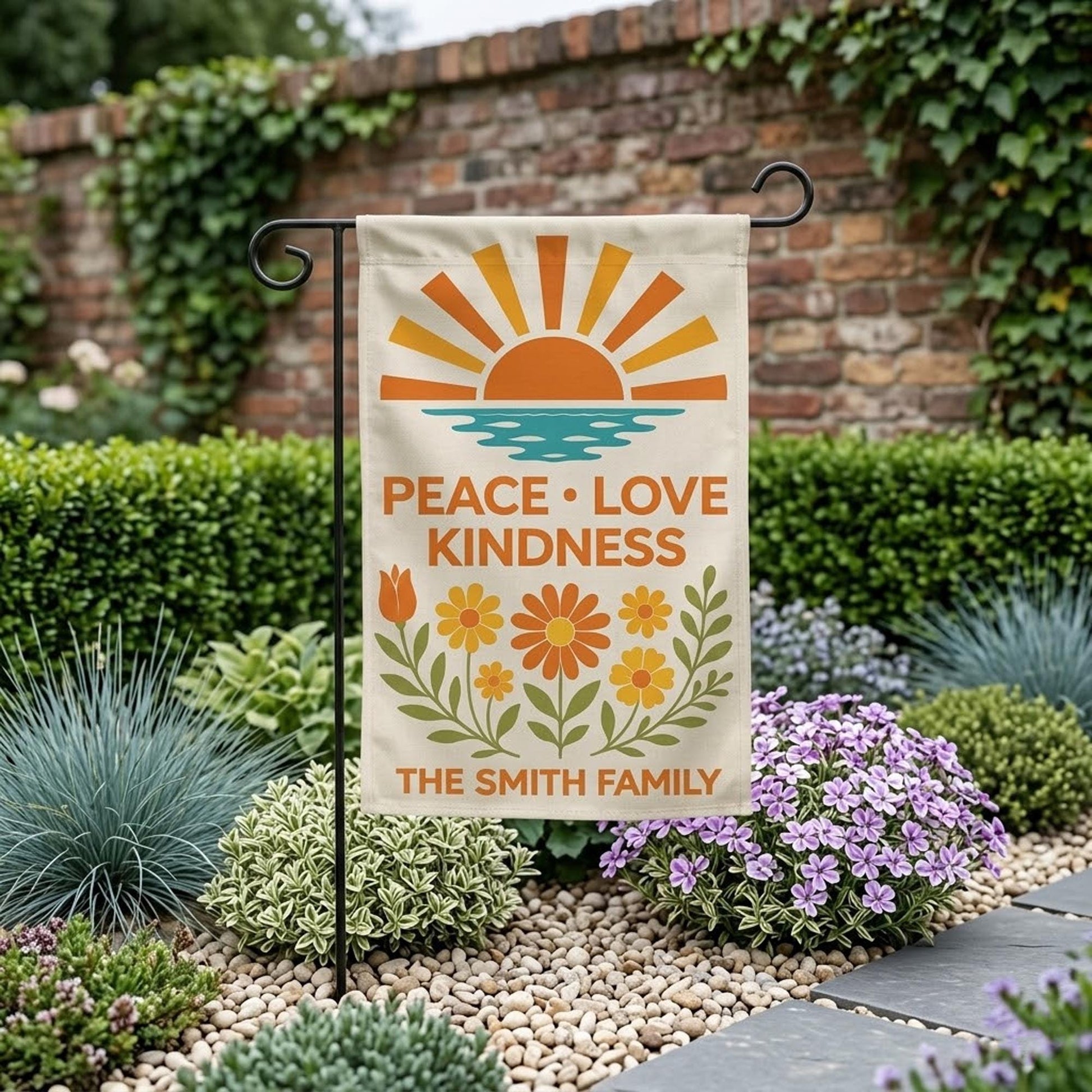 Personalized Garden Flag, Peace Love Kindness Decor, Retro Floral Family Banner, Custom Yard Flag, Boho Outdoor Porch Decor, New Home Gift