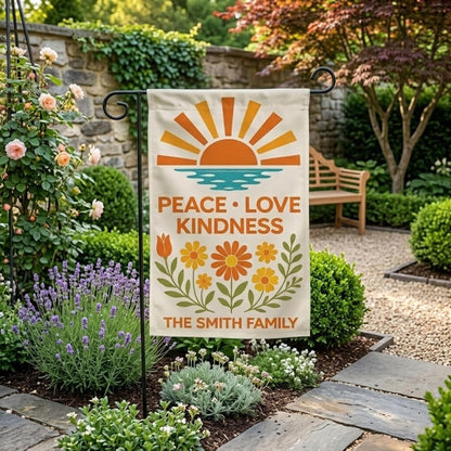 Personalized Garden Flag, Peace Love Kindness Decor, Retro Floral Family Banner, Custom Yard Flag, Boho Outdoor Porch Decor, New Home Gift