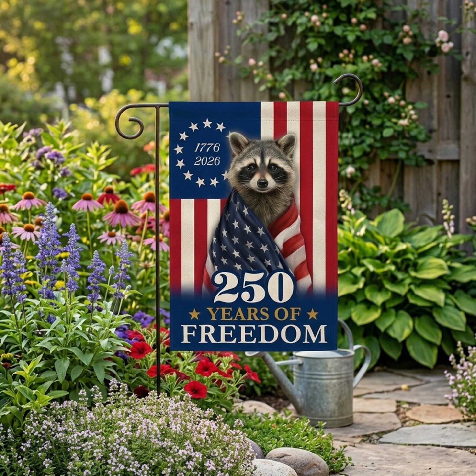 Patriotic Garden Flag, 250 Years of Freedom, Raccoon Yard Decor, 1776 2026 America Flag, Fourth of July Outdoor Sign, Yard Summer Decor Gift
