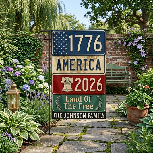 Patriotic Garden Flag, Custom Family Name Yard Decor, 1776 America 2026 Semiquincentennial Banner, Land of the Free Porch Accent, GIFT 2026